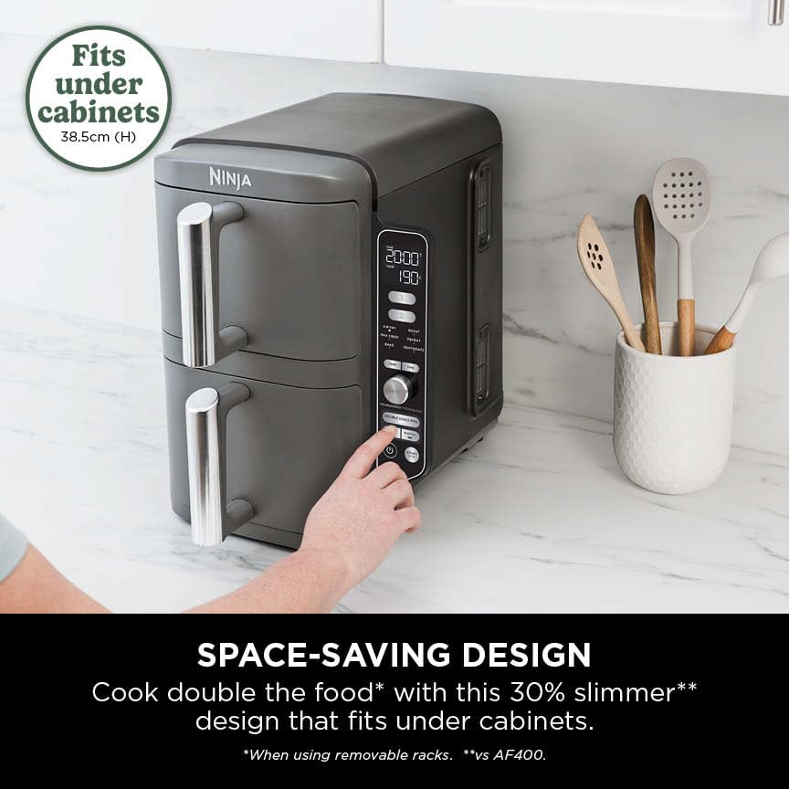 Ninja Double Stack XL Air Fryer, Vertical Dual Drawer AirFryer with 4 cooking levels, 2 Drawers and 2 Racks, Space Saving Design, 9.5L Capacity, 6 Cooking Functions, 8 Portions, Grey, SL400UK